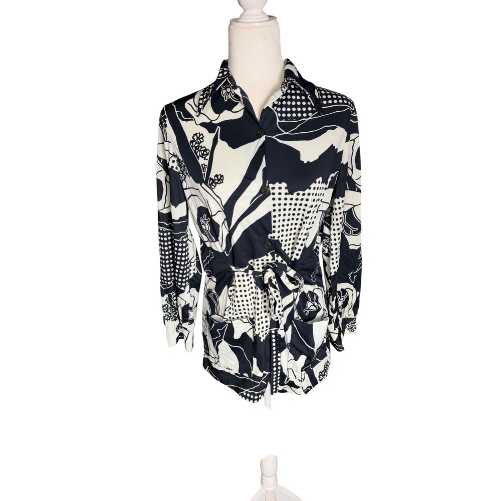70s mod abstract blouse black white tie waist retro statement top